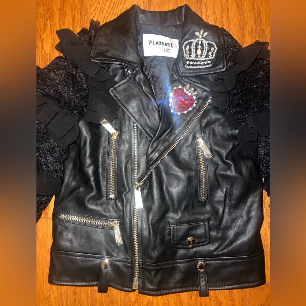 Girls Ruffle Sleeve Faux Leather Moto Jacket size 4T - Picture 3 of 10